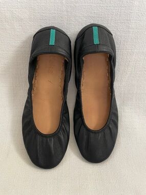 Tieks Black Leather Ballet Flats with Teal Stripe
